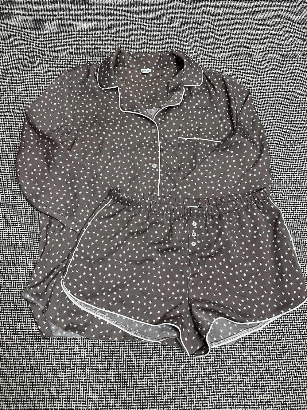 Women's Taupe Star-Print Pajama Set with White Piping